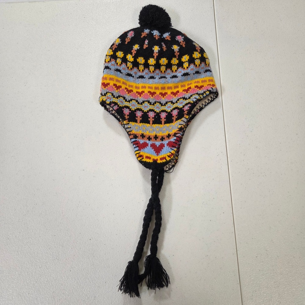 Fair Isle Knit Trapper Hat Fleece Lined Ear Flap Beanie Pom Pom Tassels